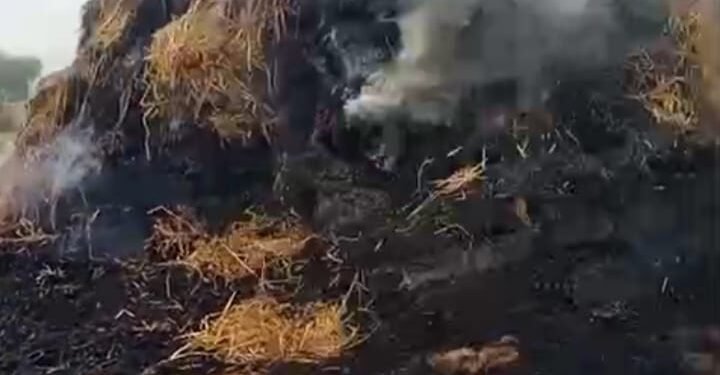 कुड़वा में अज्ञात कारणों से पुआल में लगी आग, ग्रामीणों ने किया मुआवजे की मांग।