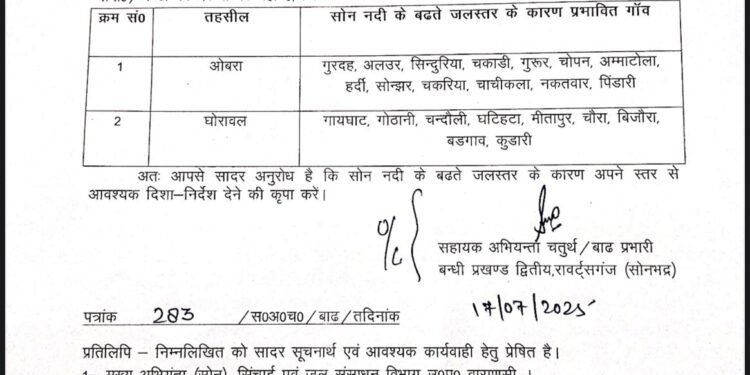 सोननदी का जल स्तर खतरों के निशान को पार किया, प्रशासन सतर्क।