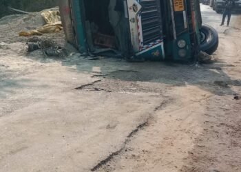 बीजपुर-रेणुकूट मार्ग पर राख लदा हाइवा पलटा, जाम से हुई परेशानी ।।