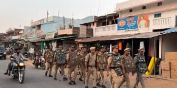 बकरीद को लेकर म्योरपुर पुलिस ने किया पैदल मार्च।
